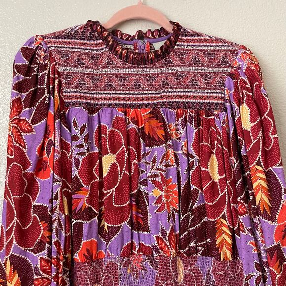 Farm Rio Dress Womens Large Purple Sweet Floral Mini Smocked Puff Sleeve‎ Boho - Picture 6 of 15